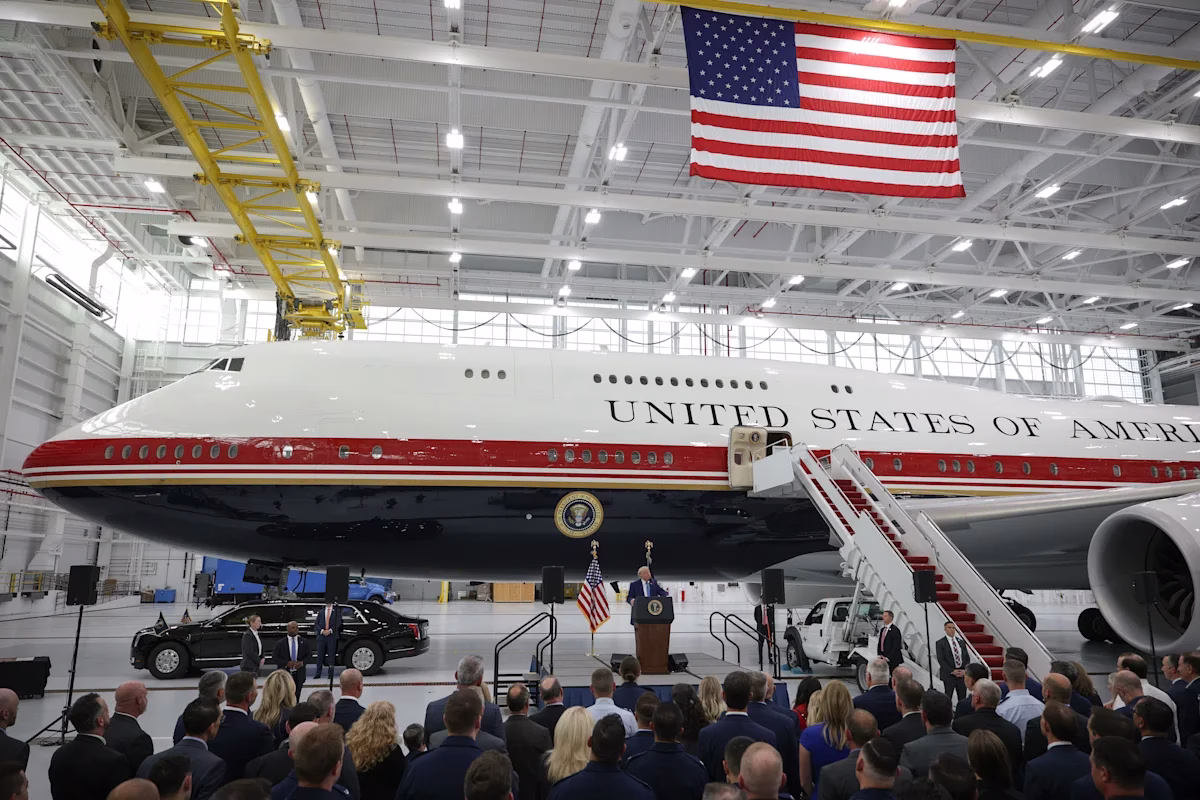 President Donald Trump delivers remarks after touring the newest aircraft in the presidential fleet at Andrews Air Force Base on June 19, 2026 at Joint Base Andrews, Maryland.